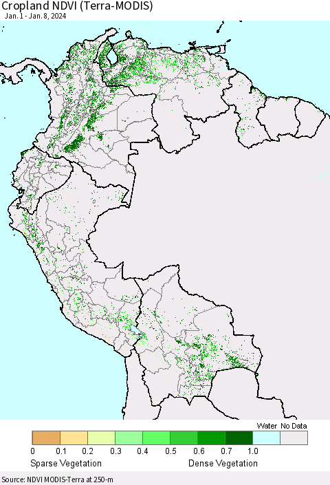 Northern South America Cropland NDVI (Terra-MODIS) Thematic Map For 1/1/2024 - 1/8/2024