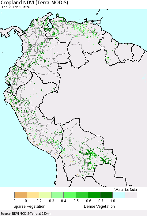 Northern South America Cropland NDVI (Terra-MODIS) Thematic Map For 2/2/2024 - 2/9/2024
