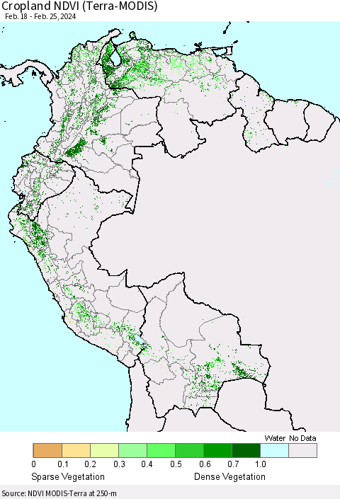 Northern South America Cropland NDVI (Terra-MODIS) Thematic Map For 2/18/2024 - 2/25/2024