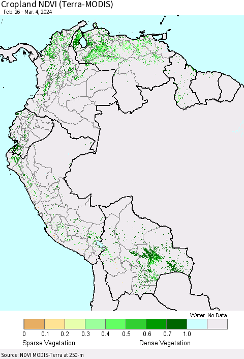 Northern South America Cropland NDVI (Terra-MODIS) Thematic Map For 2/26/2024 - 3/4/2024