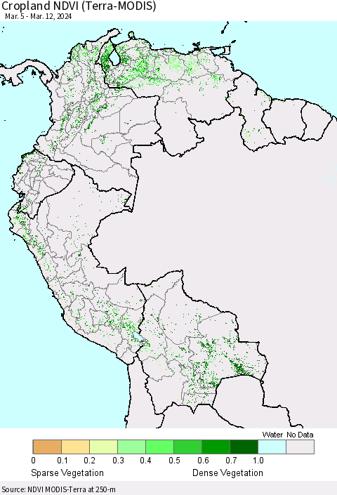 Northern South America Cropland NDVI (Terra-MODIS) Thematic Map For 3/5/2024 - 3/12/2024