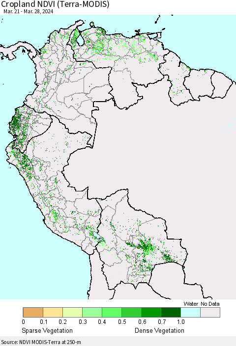 Northern South America Cropland NDVI (Terra-MODIS) Thematic Map For 3/21/2024 - 3/28/2024
