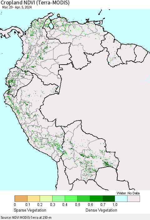 Northern South America Cropland NDVI (Terra-MODIS) Thematic Map For 3/29/2024 - 4/5/2024