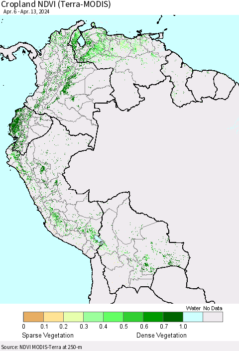 Northern South America Cropland NDVI (Terra-MODIS) Thematic Map For 4/6/2024 - 4/13/2024