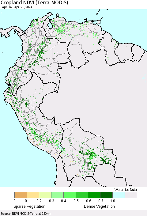 Northern South America Cropland NDVI (Terra-MODIS) Thematic Map For 4/14/2024 - 4/21/2024