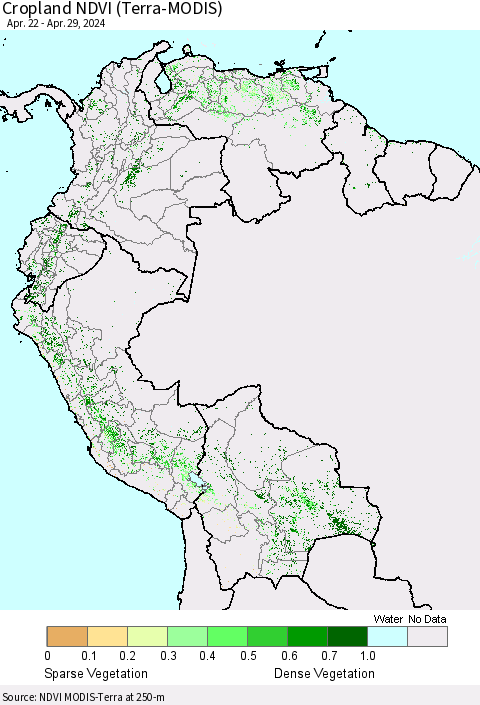 Northern South America Cropland NDVI (Terra-MODIS) Thematic Map For 4/22/2024 - 4/29/2024