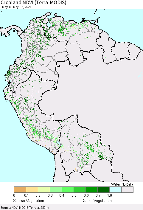 Northern South America Cropland NDVI (Terra-MODIS) Thematic Map For 5/8/2024 - 5/15/2024