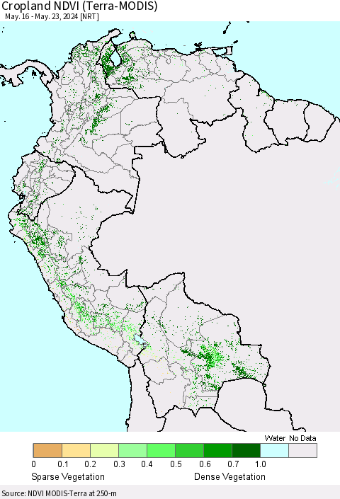 Northern South America Cropland NDVI (Terra-MODIS) Thematic Map For 5/16/2024 - 5/23/2024