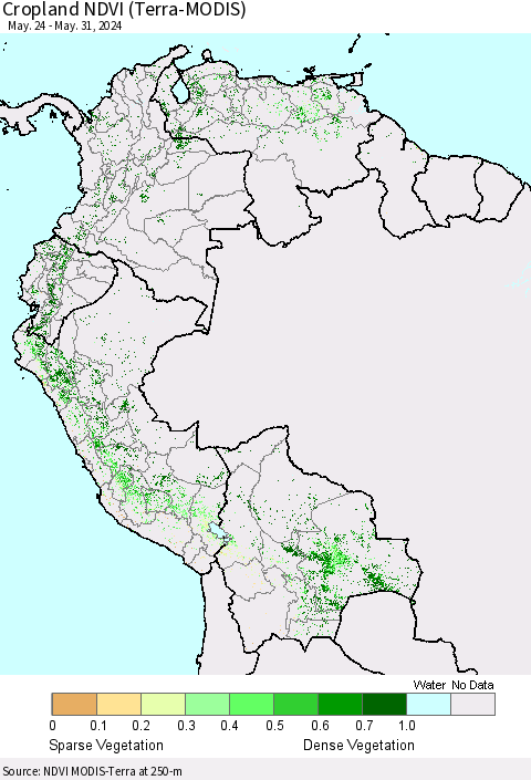 Northern South America Cropland NDVI (Terra-MODIS) Thematic Map For 5/24/2024 - 5/31/2024