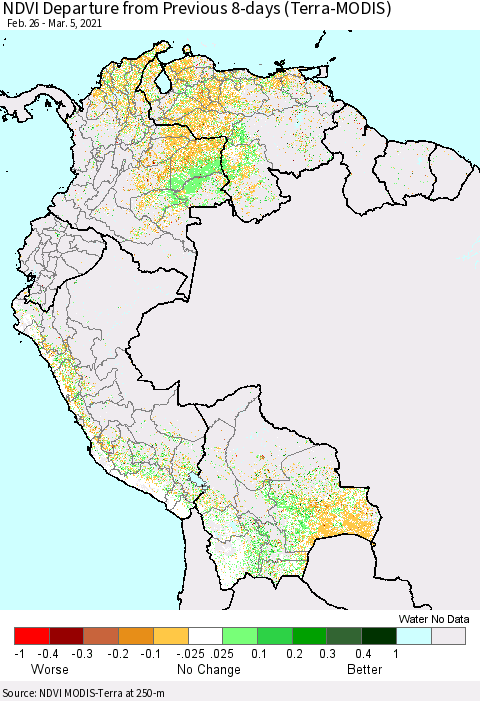 Northern South America NDVI Departure from Previous 8-days (Terra-MODIS) Thematic Map For 2/26/2021 - 3/5/2021