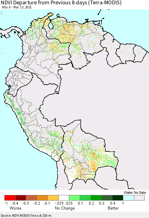 Northern South America NDVI Departure from Previous 8-days (Terra-MODIS) Thematic Map For 3/6/2021 - 3/13/2021