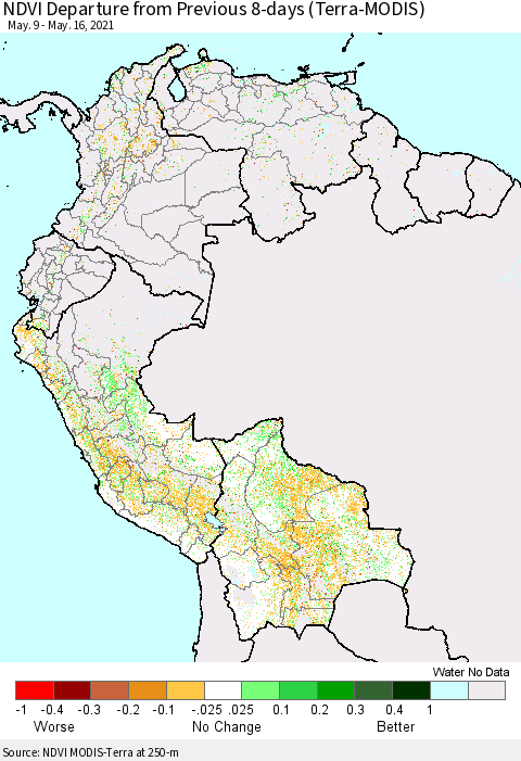 Northern South America NDVI Departure from Previous 8-days (Terra-MODIS) Thematic Map For 5/9/2021 - 5/16/2021