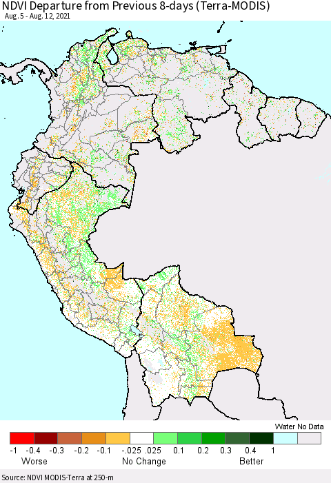 Northern South America NDVI Departure from Previous 8-days (Terra-MODIS) Thematic Map For 8/5/2021 - 8/12/2021
