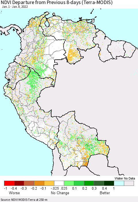Northern South America NDVI Departure from Previous 8-days (Terra-MODIS) Thematic Map For 1/1/2022 - 1/8/2022