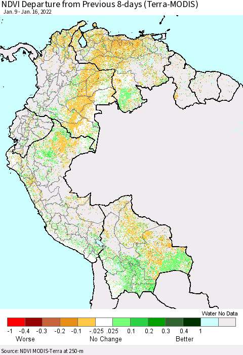 Northern South America NDVI Departure from Previous 8-days (Terra-MODIS) Thematic Map For 1/9/2022 - 1/16/2022