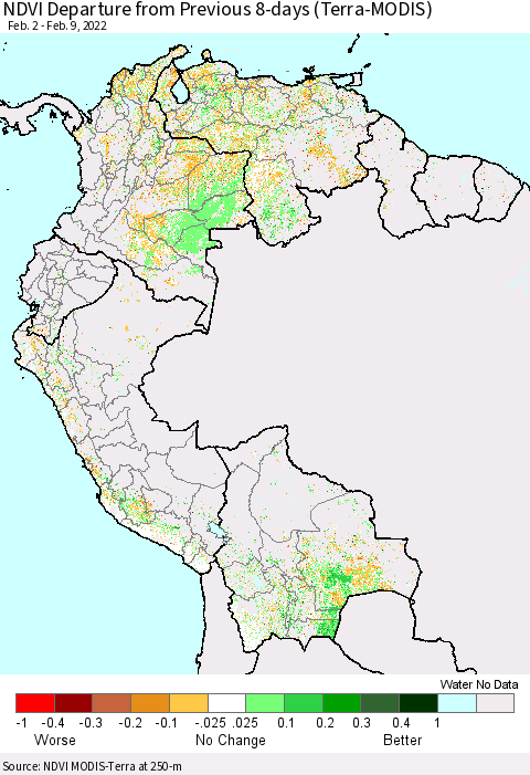 Northern South America NDVI Departure from Previous 8-days (Terra-MODIS) Thematic Map For 2/2/2022 - 2/9/2022