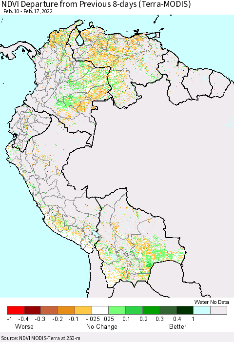 Northern South America NDVI Departure from Previous 8-days (Terra-MODIS) Thematic Map For 2/10/2022 - 2/17/2022