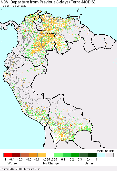 Northern South America NDVI Departure from Previous 8-days (Terra-MODIS) Thematic Map For 2/18/2022 - 2/25/2022