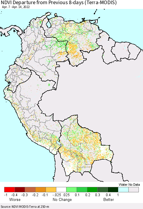 Northern South America NDVI Departure from Previous 8-days (Terra-MODIS) Thematic Map For 4/7/2022 - 4/14/2022