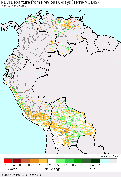 Northern South America NDVI Departure from Previous 8-days (Terra-MODIS) Thematic Map For 4/15/2022 - 4/22/2022