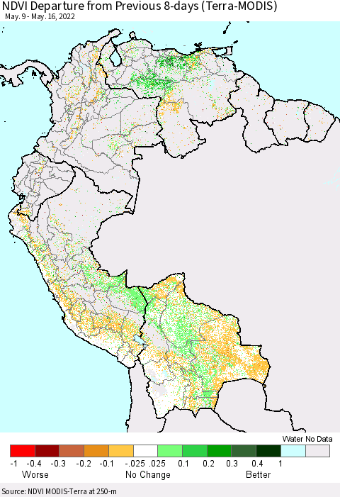 Northern South America NDVI Departure from Previous 8-days (Terra-MODIS) Thematic Map For 5/9/2022 - 5/16/2022
