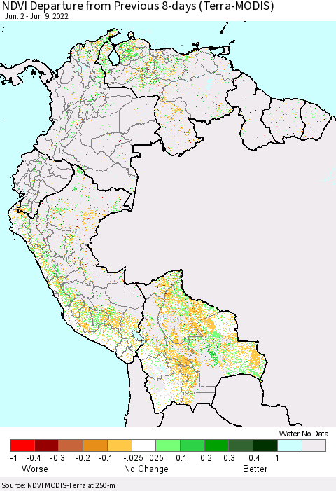 Northern South America NDVI Departure from Previous 8-days (Terra-MODIS) Thematic Map For 6/2/2022 - 6/9/2022