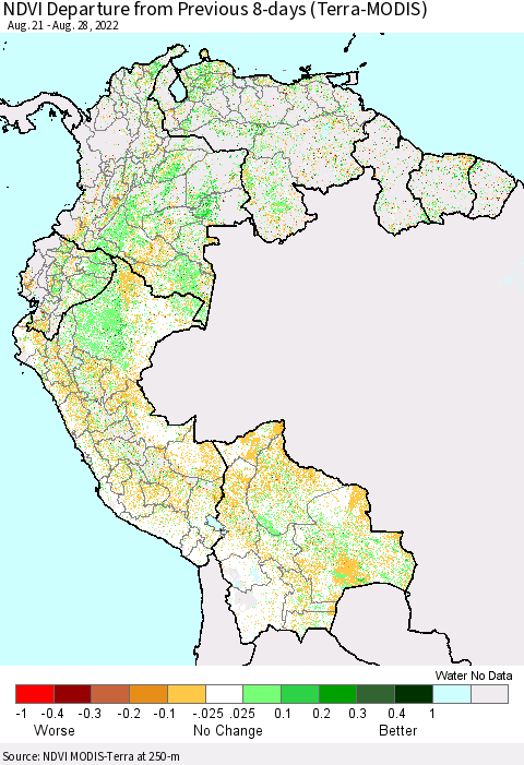 Northern South America NDVI Departure from Previous 8-days (Terra-MODIS) Thematic Map For 8/21/2022 - 8/28/2022