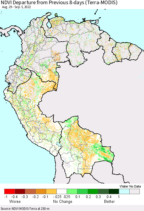 Northern South America NDVI Departure from Previous 8-days (Terra-MODIS) Thematic Map For 8/29/2022 - 9/5/2022