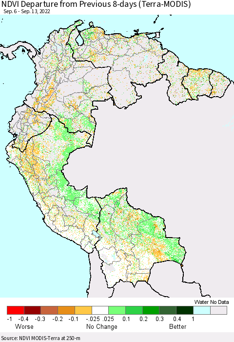 Northern South America NDVI Departure from Previous 8-days (Terra-MODIS) Thematic Map For 9/6/2022 - 9/13/2022