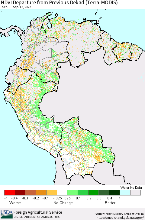 Northern South America NDVI Departure from Previous Dekad (Terra-MODIS) Thematic Map For 9/11/2022 - 9/20/2022