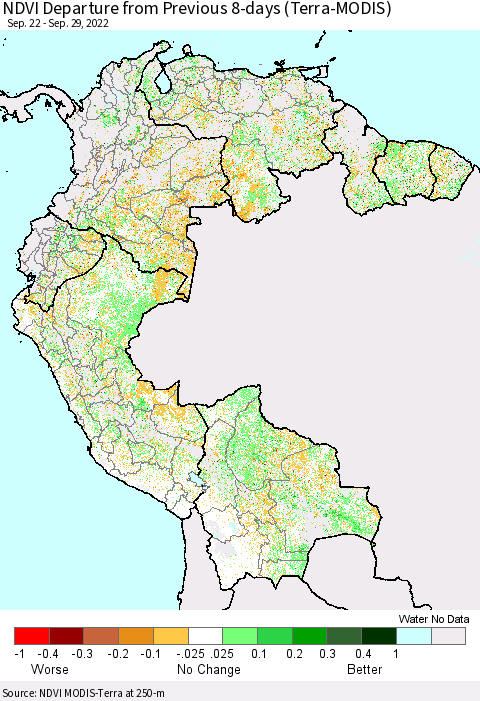 Northern South America NDVI Departure from Previous 8-days (Terra-MODIS) Thematic Map For 9/22/2022 - 9/29/2022