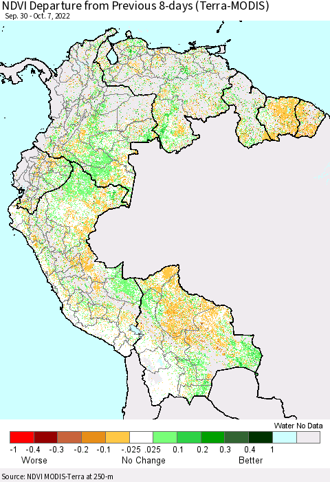 Northern South America NDVI Departure from Previous 8-days (Terra-MODIS) Thematic Map For 9/30/2022 - 10/7/2022