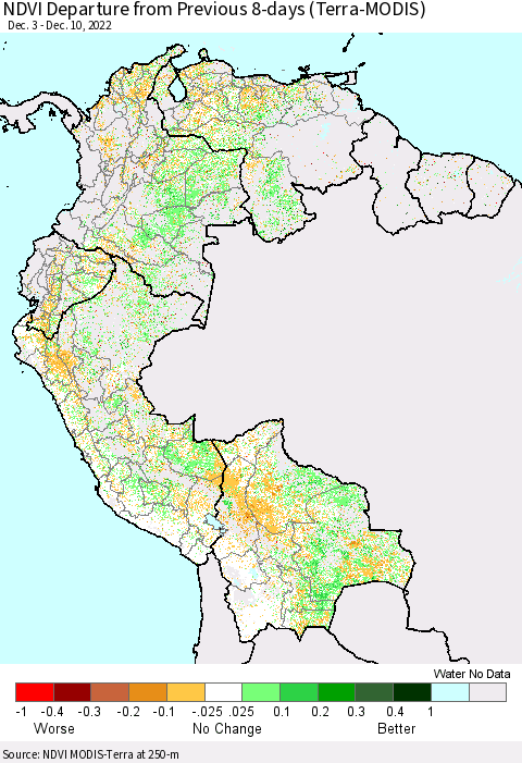 Northern South America NDVI Departure from Previous 8-days (Terra-MODIS) Thematic Map For 12/3/2022 - 12/10/2022