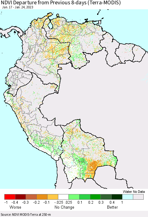 Northern South America NDVI Departure from Previous 8-days (Terra-MODIS) Thematic Map For 1/17/2023 - 1/24/2023