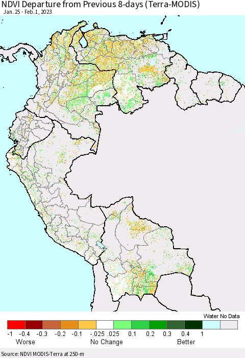 Northern South America NDVI Departure from Previous 8-days (Terra-MODIS) Thematic Map For 1/25/2023 - 2/1/2023