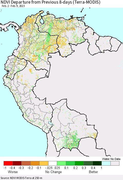 Northern South America NDVI Departure from Previous 8-days (Terra-MODIS) Thematic Map For 2/2/2023 - 2/9/2023