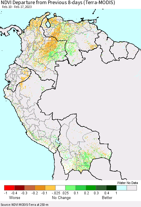 Northern South America NDVI Departure from Previous 8-days (Terra-MODIS) Thematic Map For 2/10/2023 - 2/17/2023