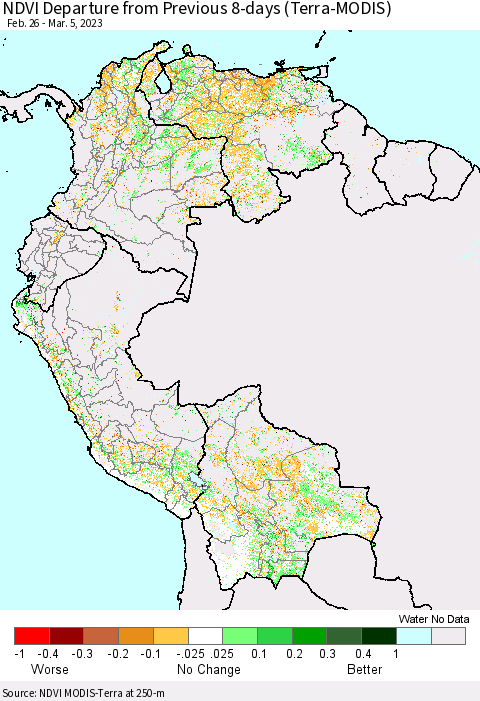 Northern South America NDVI Departure from Previous 8-days (Terra-MODIS) Thematic Map For 2/26/2023 - 3/5/2023