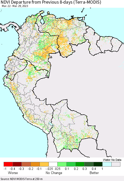 Northern South America NDVI Departure from Previous 8-days (Terra-MODIS) Thematic Map For 3/22/2023 - 3/29/2023
