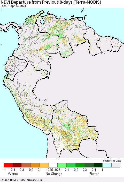 Northern South America NDVI Departure from Previous 8-days (Terra-MODIS) Thematic Map For 4/7/2023 - 4/14/2023