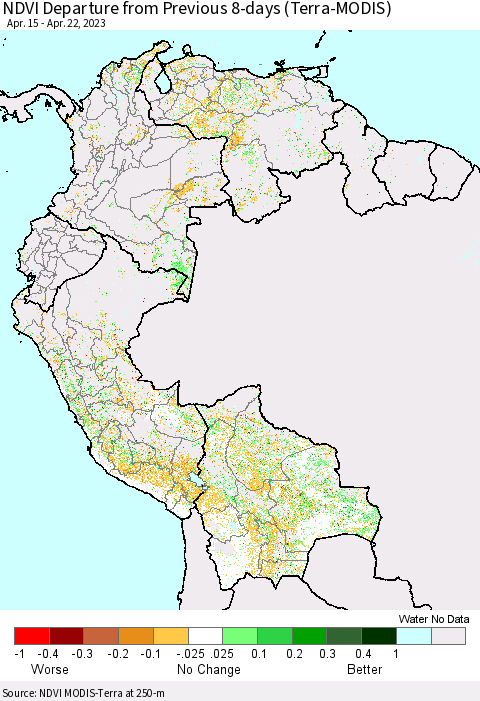 Northern South America NDVI Departure from Previous 8-days (Terra-MODIS) Thematic Map For 4/15/2023 - 4/22/2023