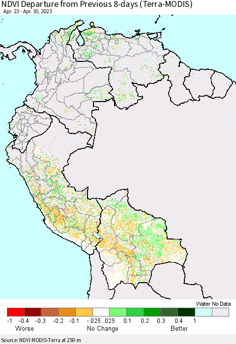 Northern South America NDVI Departure from Previous 8-days (Terra-MODIS) Thematic Map For 4/23/2023 - 4/30/2023