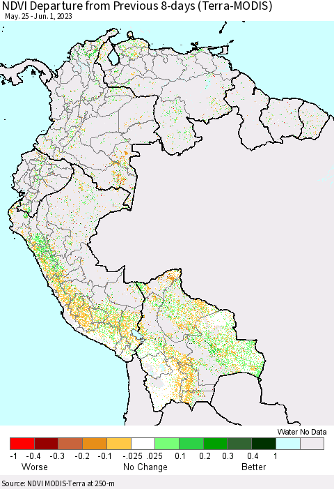 Northern South America NDVI Departure from Previous 8-days (Terra-MODIS) Thematic Map For 5/25/2023 - 6/1/2023