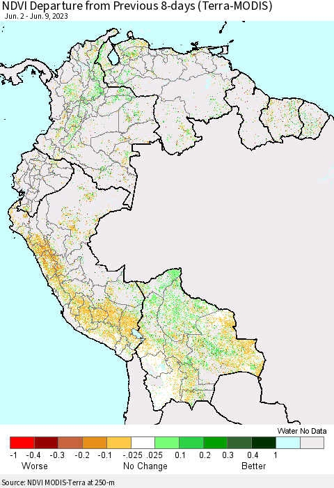 Northern South America NDVI Departure from Previous 8-days (Terra-MODIS) Thematic Map For 6/2/2023 - 6/9/2023