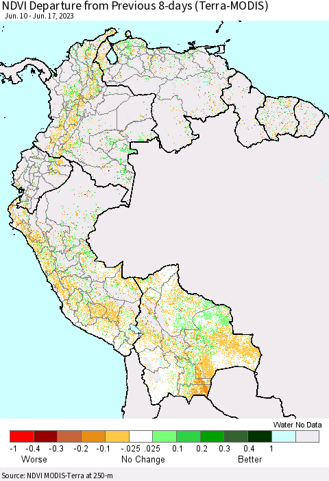 Northern South America NDVI Departure from Previous 8-days (Terra-MODIS) Thematic Map For 6/10/2023 - 6/17/2023