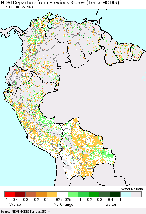 Northern South America NDVI Departure from Previous 8-days (Terra-MODIS) Thematic Map For 6/18/2023 - 6/25/2023