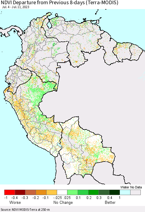 Northern South America NDVI Departure from Previous 8-days (Terra-MODIS) Thematic Map For 7/4/2023 - 7/11/2023