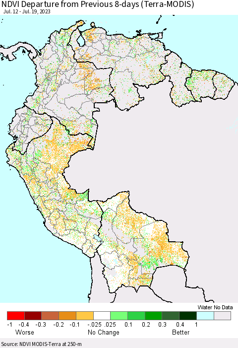 Northern South America NDVI Departure from Previous 8-days (Terra-MODIS) Thematic Map For 7/12/2023 - 7/19/2023