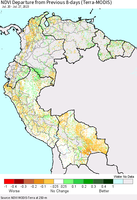 Northern South America NDVI Departure from Previous 8-days (Terra-MODIS) Thematic Map For 7/20/2023 - 7/27/2023