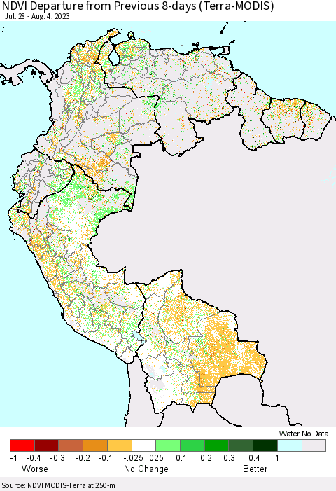 Northern South America NDVI Departure from Previous 8-days (Terra-MODIS) Thematic Map For 7/28/2023 - 8/4/2023